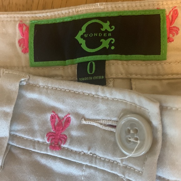C. Wonder | Cream Straigh Leg Pant Khakis w/ Pink Embroidered Lobster Print - Picture 2 of 5